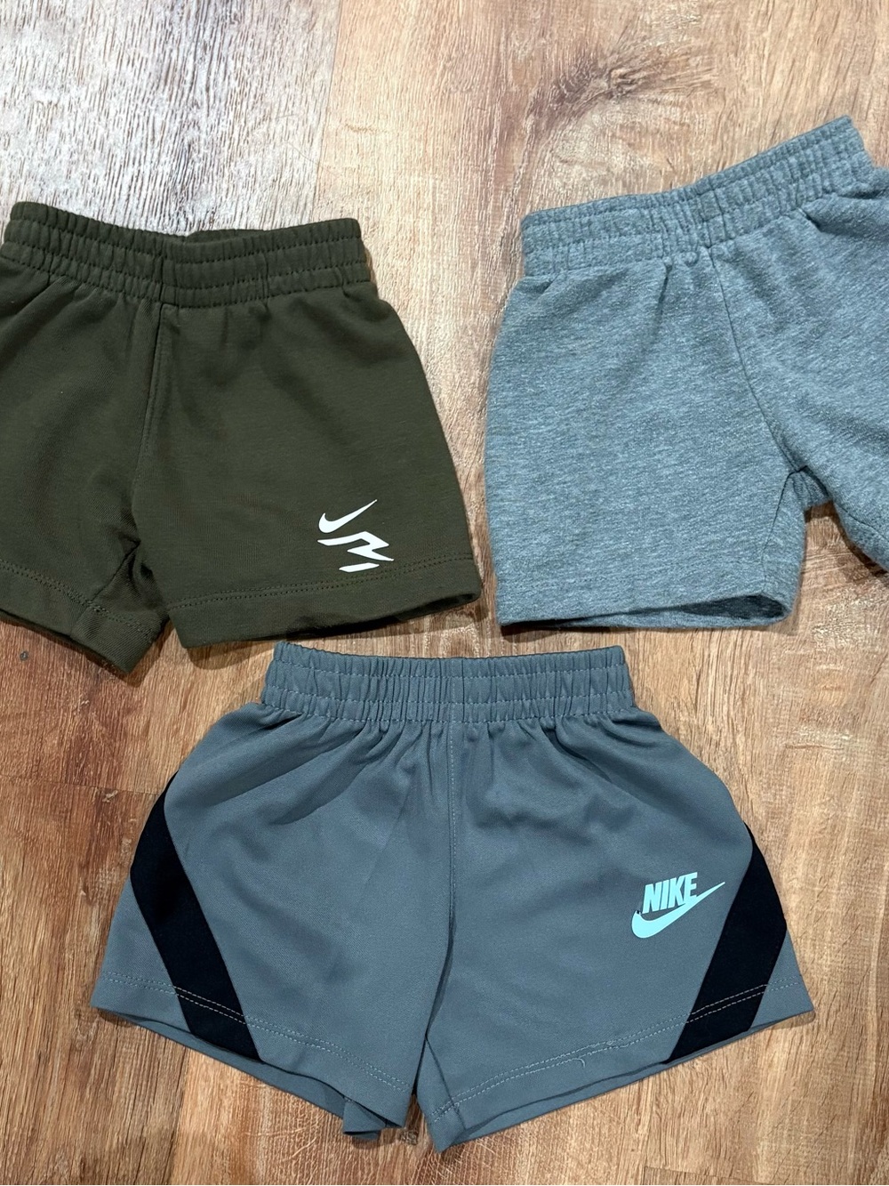 Nike Kids 3-Pack Athletic Shorts in Olive, Heather Gray, and Slate